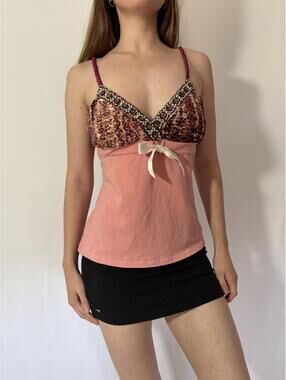 Pink Coral Sparkly Velvety Babydoll Y2k Cami Top with Ribbon